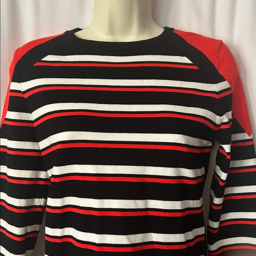 Karen Millen NWT Black/Orange/White Striped Long Sleeve Sweater Shirt Top - Picture 3 of 5